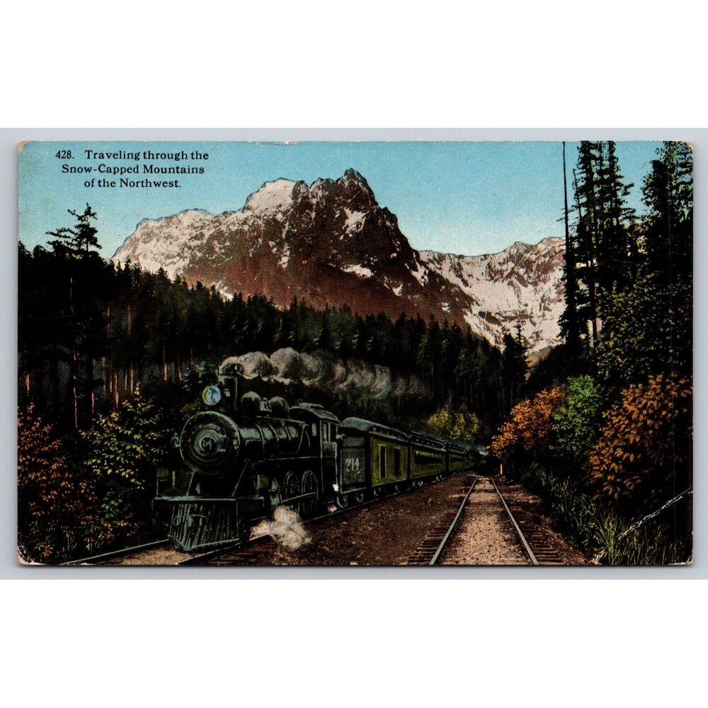 Vintage Postcard 428 Train Traveling Through Snow Capped Mountains Northwest WA